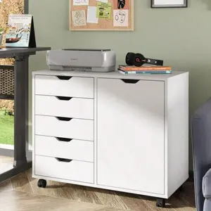 5-Drawer Wood Storage Dresser with Door, Mobile Cabinet & Printer Stand, White Home Office Organizer, Perfect for Back to School & Room Decor