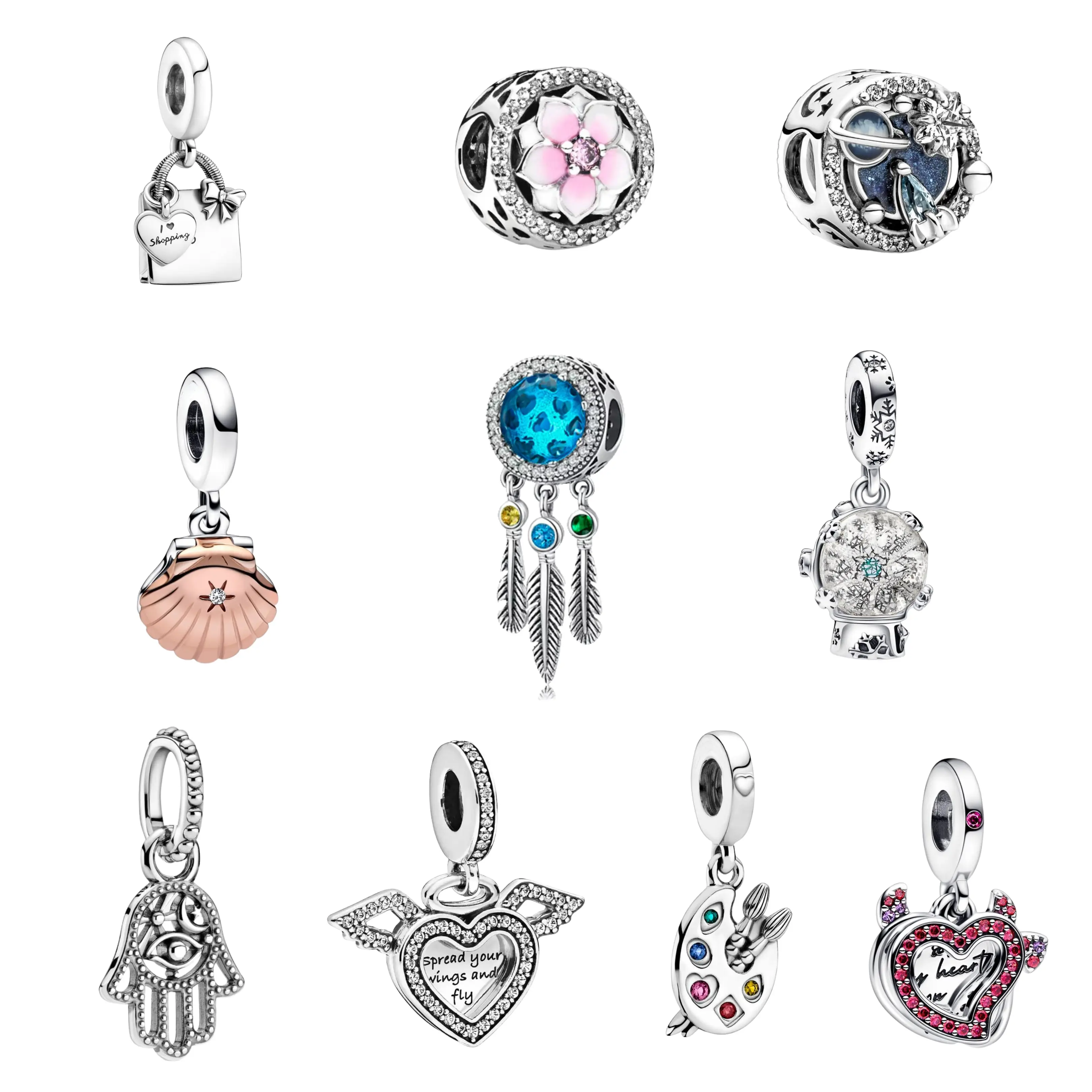 925 Sterling Silver Charm Collection – Heart, Flower, Dreamcatcher, Space & Dangle Charms for Bracelets