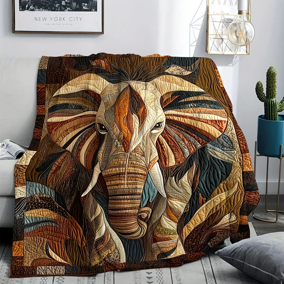 1pc Hypoallergenic Flannel Elephant Blanket - Hand Wash Only, All-Season Digital Print Abstract Art with Multicolor Elephant Design, 100% Polyester 250-300gsm, Tropical Style Animal Themed Bedding for Home Decor