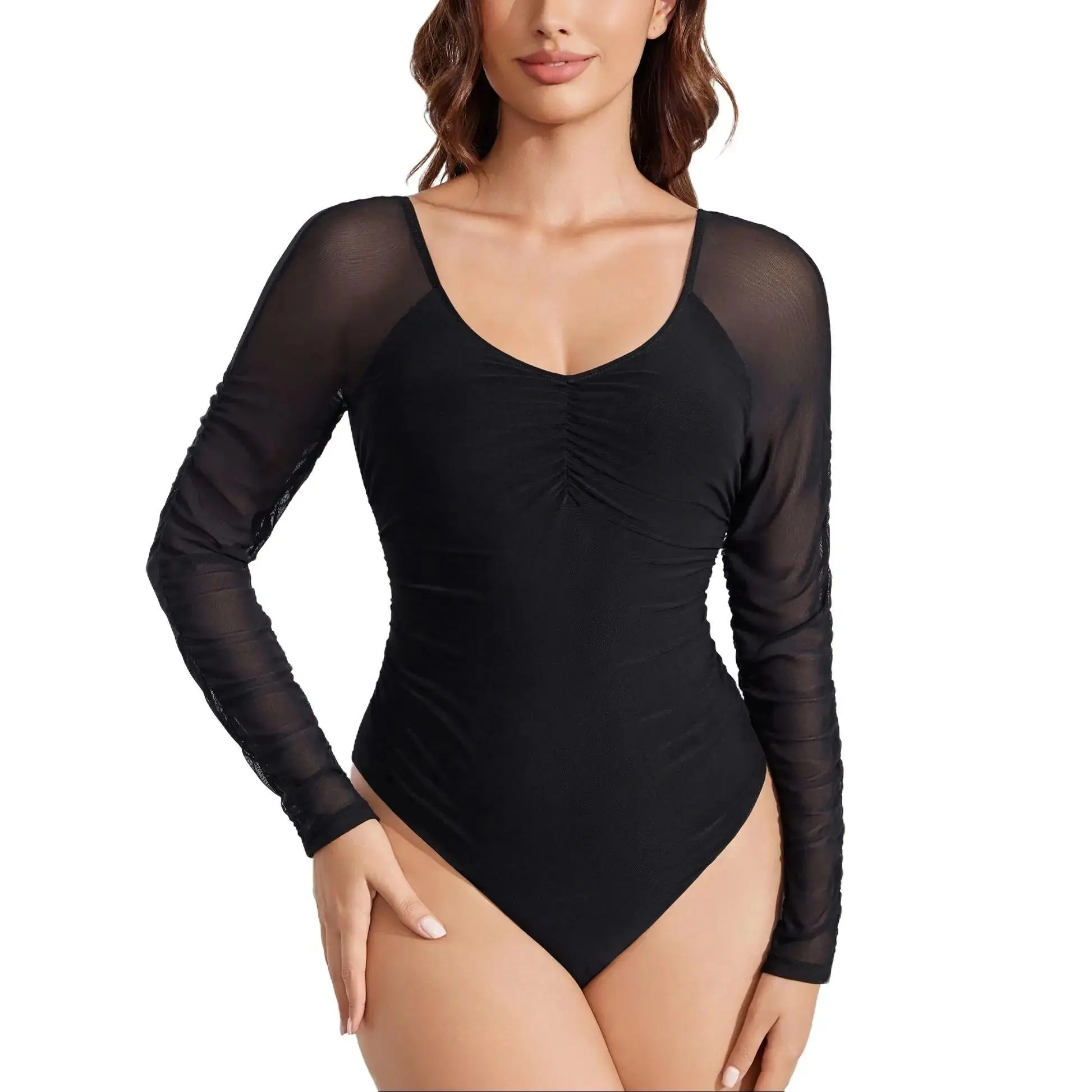 Avidlove Long Sleeve Bodysuit for Women V Neck Mesh Ruched Shapewear Body Suits Going Out Leotard Tops