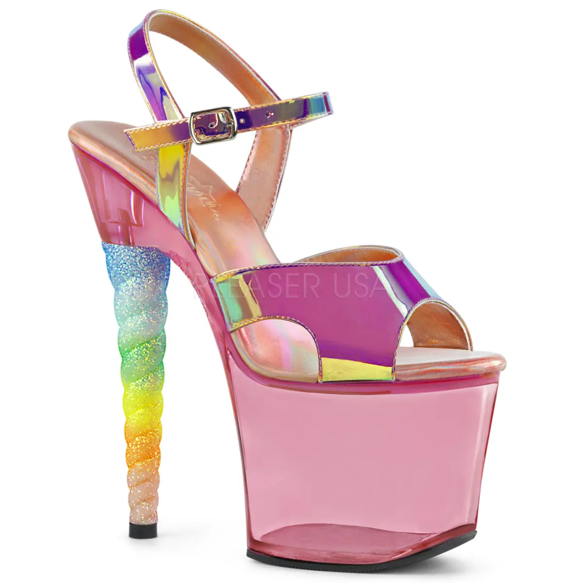 Women's Heeled Platform Footwear - 7-in Pink Ankle Strap Sandals with Tinted Ombre Glitter Unicorn Heel for Party Events, High Heels, Elegant, Classy, Open Toe, Platform Heel