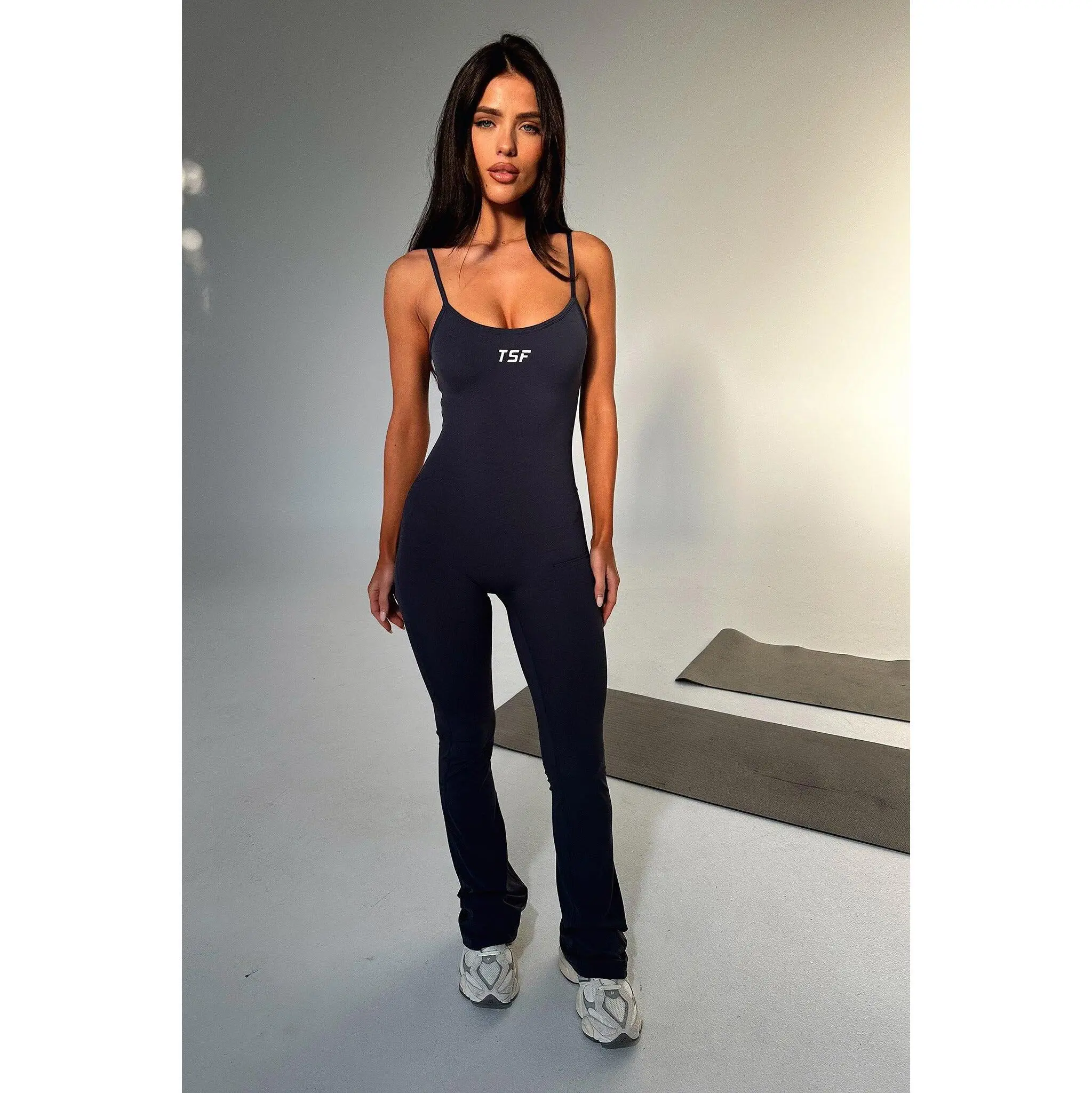 Thats So Fetch Women's Retro Stretchy Fabric Lawson Flare Jumpsuit - Navy, Silver Straps