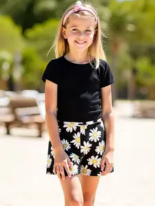 Girls Summer Short Set, Knitted Round Neck Top + Elastic Waist Floral Shorts, Casual Outdoor Travel Clothing, Perfect Holiday Gift