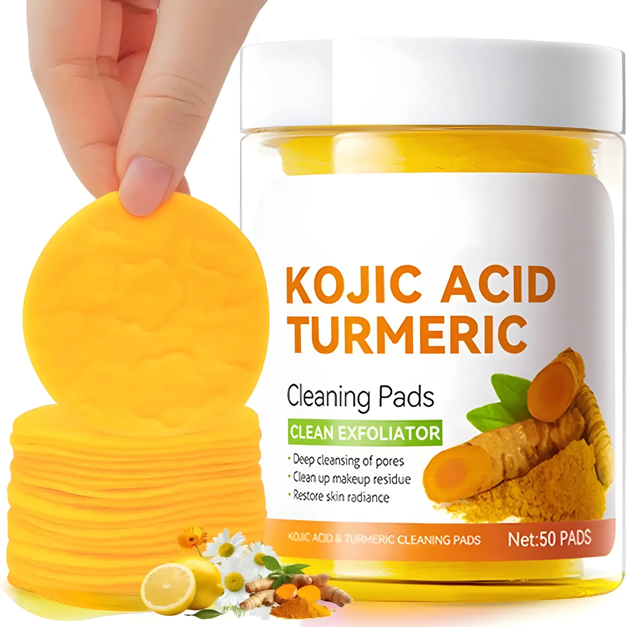 50pcs Turmeric Cleansing Pads, Deep Clean Facial Wipes for Acne & Dark Spots, Alcohol-Free Makeup Removal Tools, Single Item Pack, Make Up Remover Wipes For Face