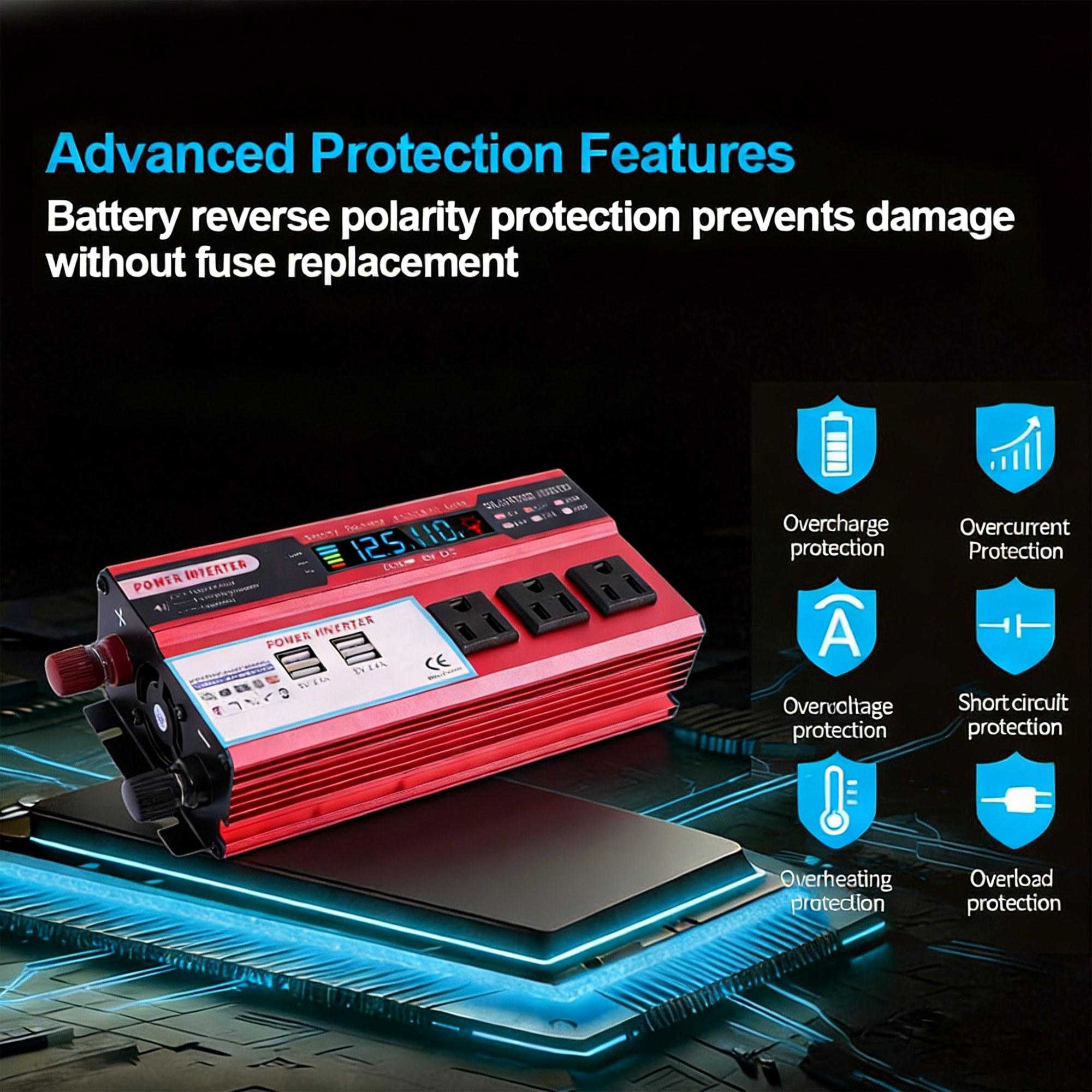 Portable 5000W Peak Car Power Inverter DC 12V to AC 110V Power Converter for Car Truck RV Boat 3 AC Power Outlets 4 USB Fast Charging Ports Advanced Safety Protection LCD Screen Compact Design for Outdoor Camping Emergency Backup Power Supply Portable 5000W Peak Car Power Inverter DC 12V to AC 110V Power Converter for Car Truck RV Boat 3 AC Power Outlets 4 USB Fast Charging Ports Advanced Safety Protection LCD Screen Compact Design for Outdoor Camping Emergency Backup Power Supply