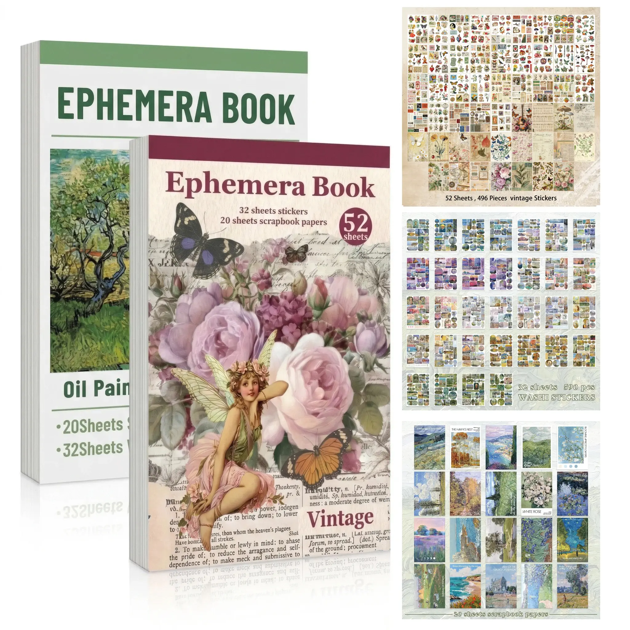 Oversize 256g 52-Sheet Ephemera Book (Single/Bundle) - 490-590+ Pcs Artistic Oil Painting & Vintage Botanical Washi Decals, Scrapbooking Stickers Kit with 2 Aesthetics for Mood or Project
