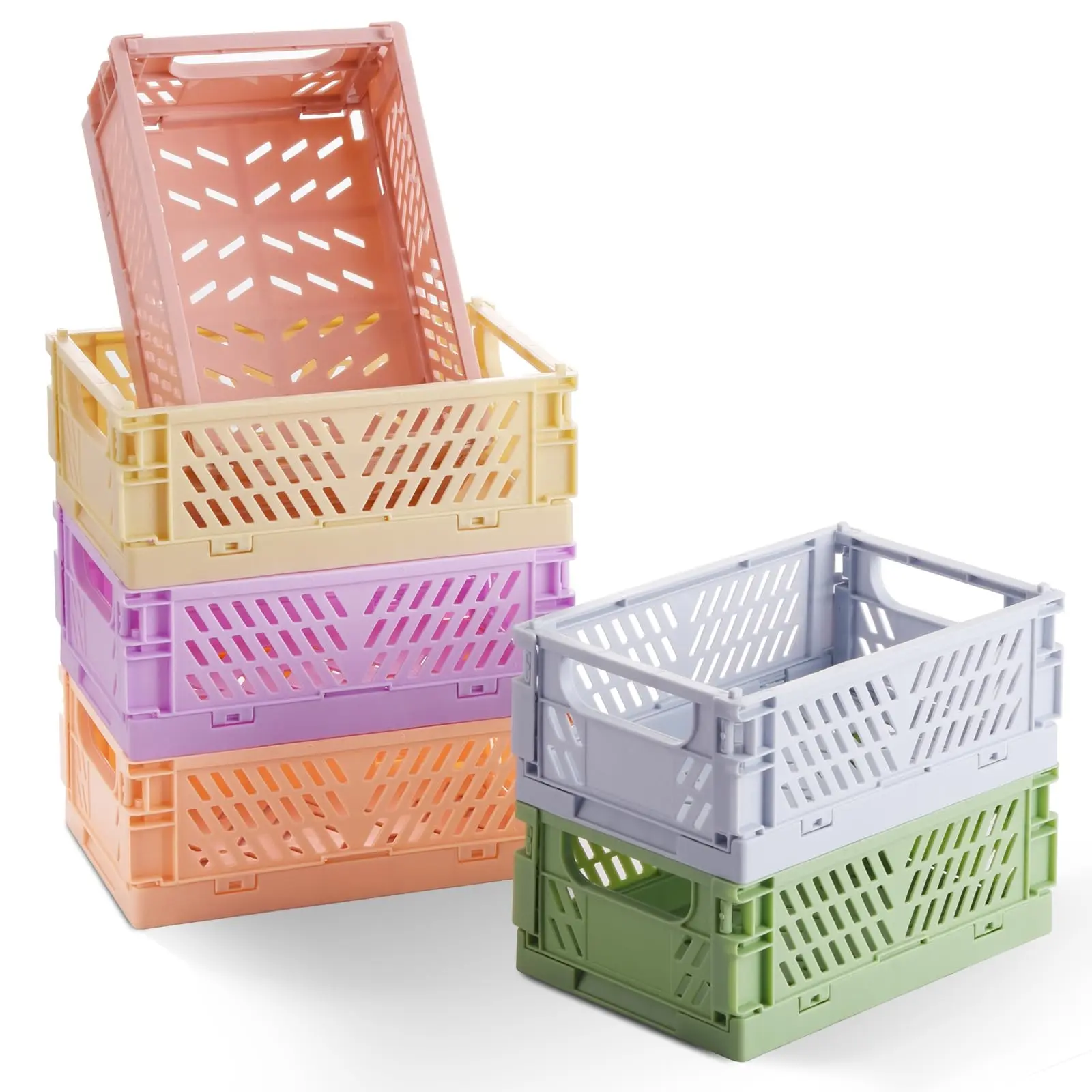 6-Pack Small Pastel Collapsible Plastic Storage Baskets, 5.9"x3.8"x2.2" Space-Saving Mini Organizer Bins, Foldable Crates for Classroom, Kitchen Organization