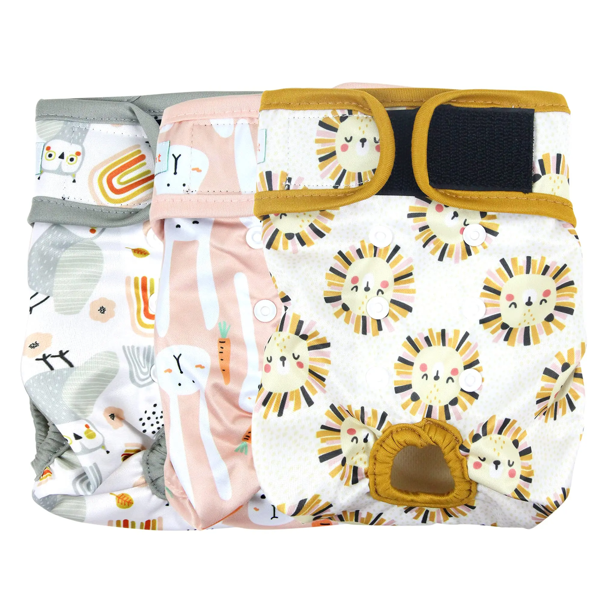 Langsprit Washable Reusable Female Dog Diapers (3 Pack, Small) - Highly Absorbent for Period/Heat, Rabbit/Owl/Lion Prints