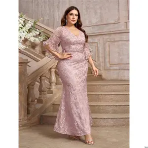 Guest Wedding Prom Cocktail Gown Elegant Formal Mermaid Fabric Lace Embellished Beaded Lotus Glamrae Plus Size Pink And Rhinestone Dress Evening For Party Graduation Dinner