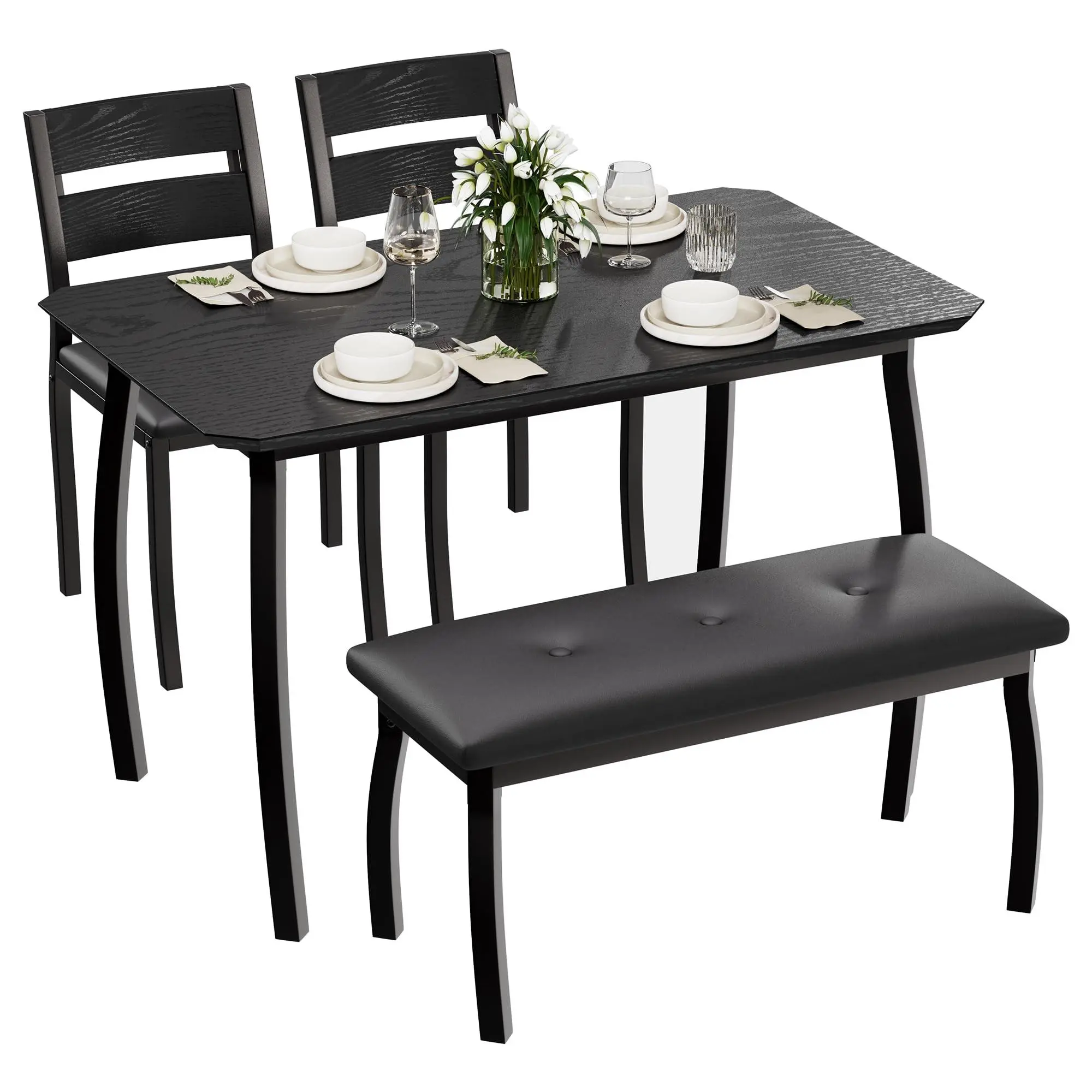 Farmhouse Dining Table Set for 4, Small Kitchen Table Set with Chairs and Bench, Space Saving Breakfast Nook Set, Rustic Dining Room Furniture for Apartments, Vintage