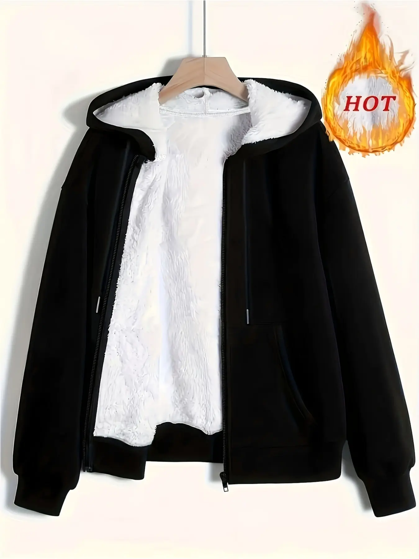 Women's Casual Loose Solid Color Jacket with Drawstring Hoodie, Long Sleeve Zipper Design, Fall & Winter Warm Outerwear