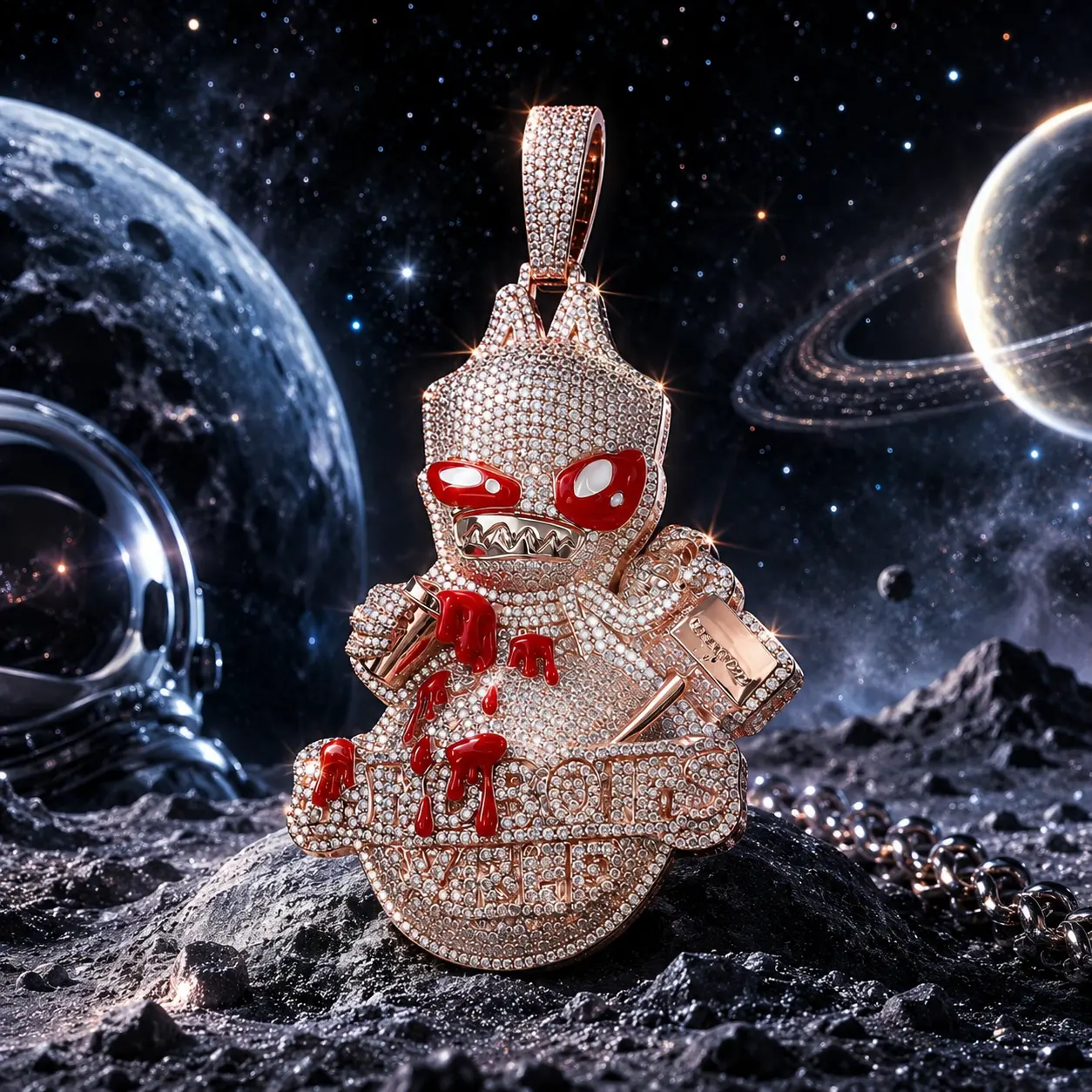 summerwins Edgy Look Unisex Iced Stones Pendant - 2355 Unique Red Enamel Blood Drip 3D Monster Design, Rose Gold Big Custom Bail, Pendant Form Hip Hop Costume Jewelry Charm