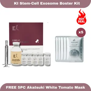 KI Stem-Cell Exosome Booster Kit + 5 Akatsuki White tomato Masks - Anti-Aging & Brightening Ampoule Set with Exosome Solution & Syringe for Radiant Skin Skincare Set Serum Essence