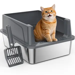 Stainless Steel Cat Litter Box with Lid High-Sided Metal Pan for Small Cats Non-Stick and Odor-Resistant Anti-Leakage Design for Easy Cleaning, Includes Scoop and Mat for daily use