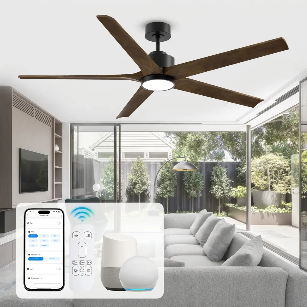 72-Inch Farmhouse Smart Ceiling Fan with Lamp & Remote Control, Rustic Solid Wood 5-Blade Damp Unit with Alexa/APP Control, 6268 CFM LED Panel Fan for Indoor Living Room, Outdoor Patio