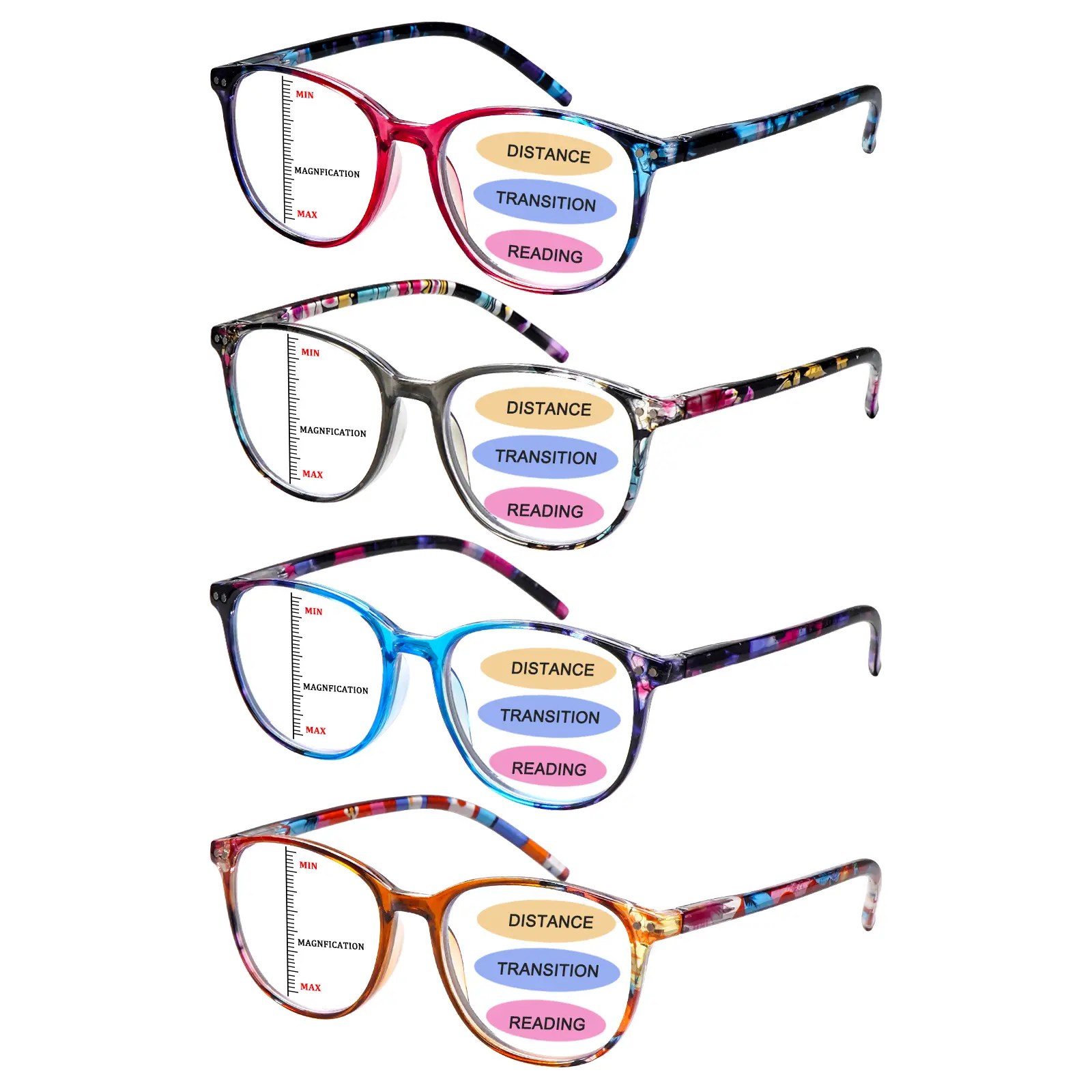 4-Pack Progressive Multifocal Blue Light Blocking Reading Glasses Retro Classic Printed Rectangular Frames Designed for Women Features SpringHinges and Premium Blue Light Blocking Lenses Ideal for Daily Commuting and Office Use Durable Gift