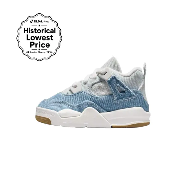 Nike Air Jordan 4 Retro TEX TD High-Top Worn Blue Denim Toddler Trainers Shoes, Casual Trendy Kids' Sports Footwear, High Top Style, Waterproof Tex