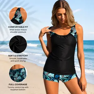 Women's 2-Piece Tankini Swimsuit - Tummy Control Blouson Top with Sporty Boy Shorts for Plus-Size Curvy Women (Sports & Outdoor Swimwear)