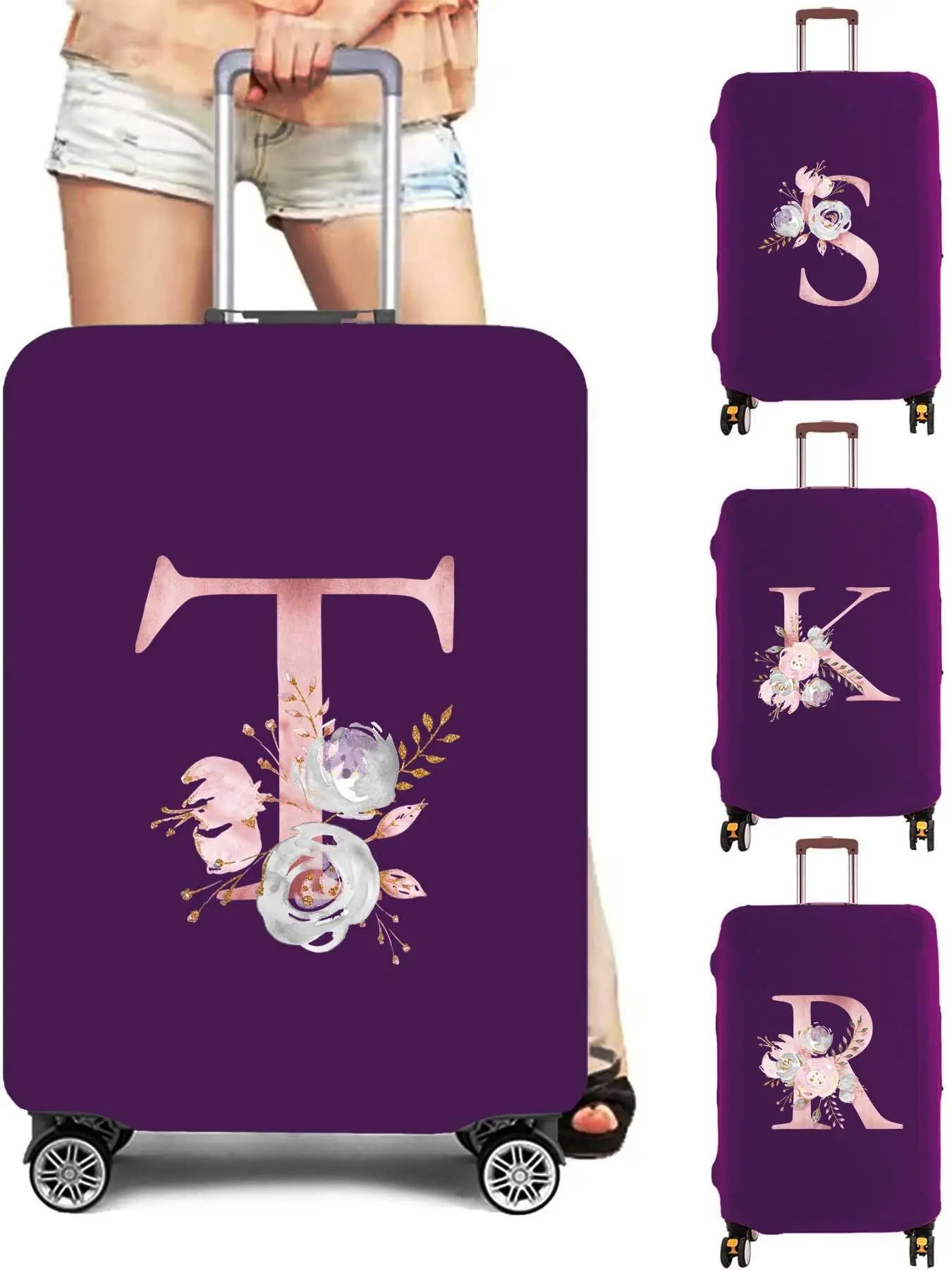 Floral & Letter Pattern Luggage Cover, Stretch Suitcase Protector, Bag Dust Case Cover, Travel Accessories Bag Covers for 26-28 Inch Suitcase, Creative, Traveling Essentials