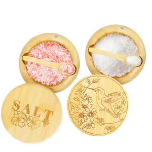 2 Pcs Bamboo Salt Container, Carving Design Salt Cellar Spice Box with Magnetic Swivel Lid & Spoon, to Easily Open and Seal Spice Box for Storage Pepper, Table Salt, Sugar, Spice