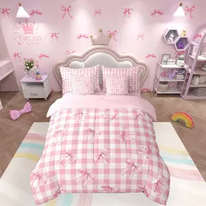 Checkerboard Bowknot Comforter Set 7 Pieces Pink Bow Bedding Set for Kids Boys Girls Plaid Bed in a Bag with Comforter,Sheets,Pillowcases,Cushion Covers Green