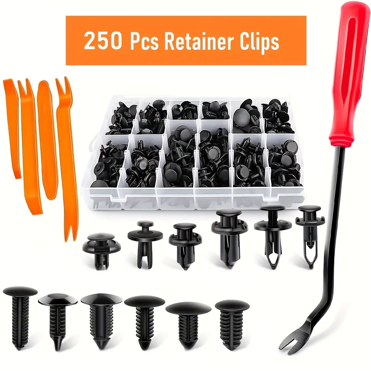 250PCS Car Plastic Bumper Retainer Clips Kit, Most Popular Sizes Push Pin Rivets Fasteners - For GM Ford Door Trim Panel, Fender Replacement, Automotive Accessories, Bumper Clips
