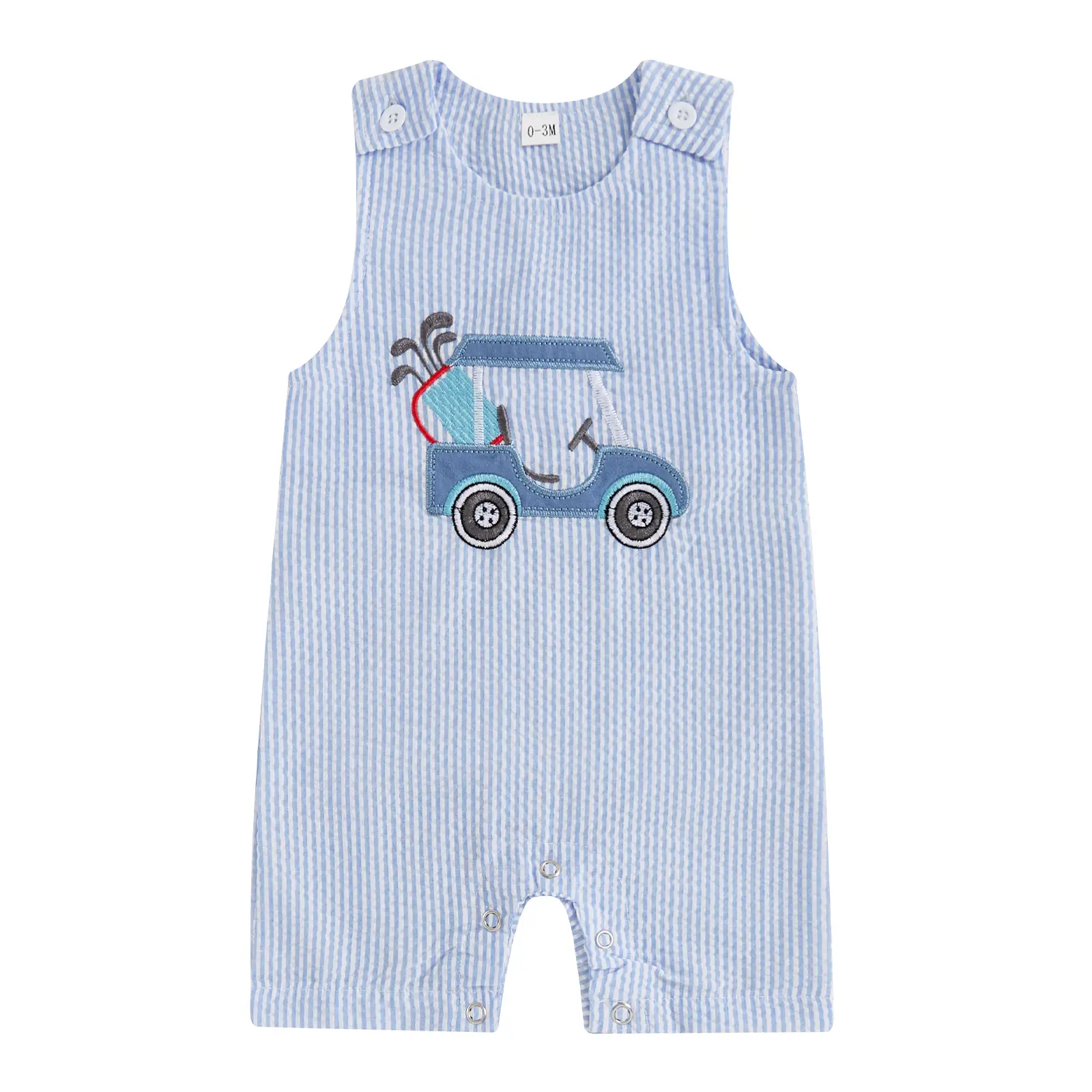 Baby Boy Golf Cart Summer Onesie Overalls Sleeveless Crew Neck Striped Embroidery Romper Shorts Jumpsuit 0-18 Months