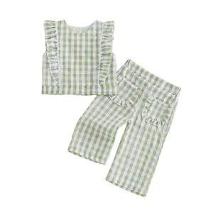 Imcute Toddler Girl Clothes Baby Summer Outfit Plaid Ruffle Sleeveless Vest Tank Tops Pants Set