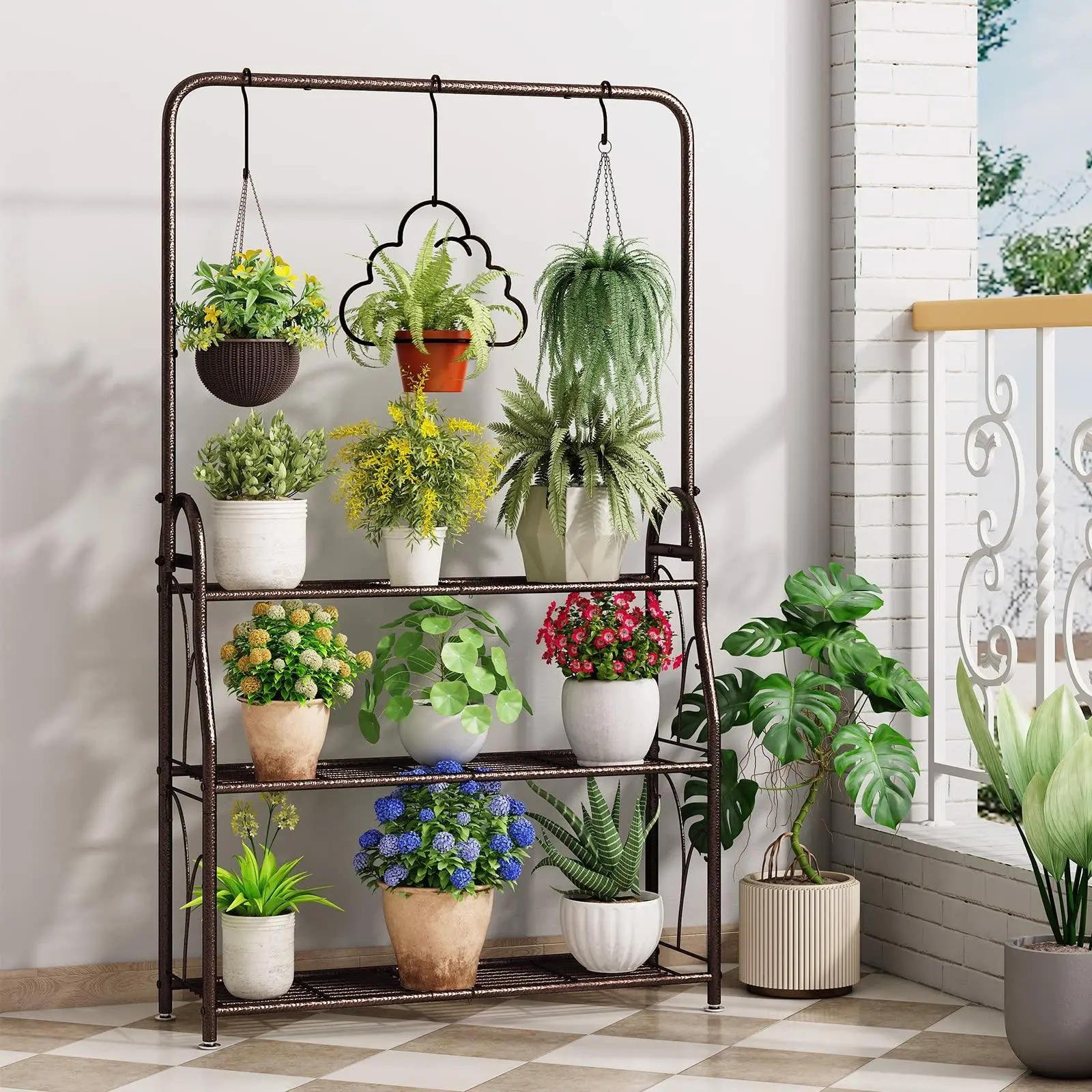 3 Tier Metal Corner Plant Stand - Indoor Outdoor Garden Organizer Rack with Large Capacity, Waterproof, Corrosion Resistant for Living Room, Garage Organization, Closet Storage, Plants - Home Summer Sale Deals