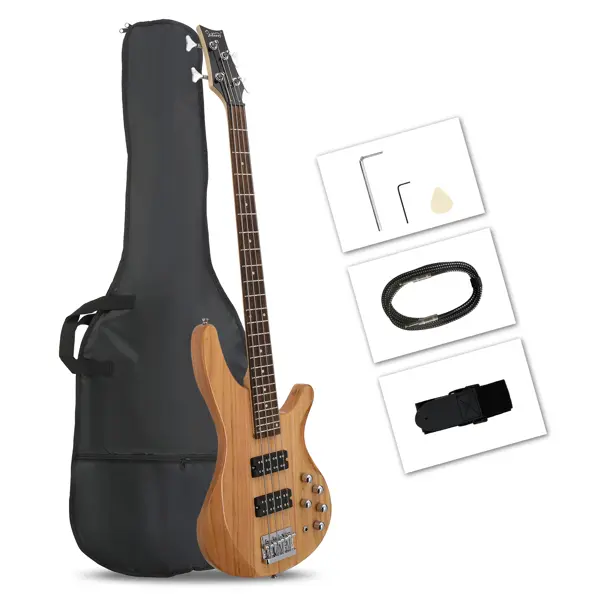 GLARRY 4-String Full-Size Right-Hand Beginner Electric Bass Guitar Kit - Black, with Gig Bag, Adjustable Strap, Picks, Cable