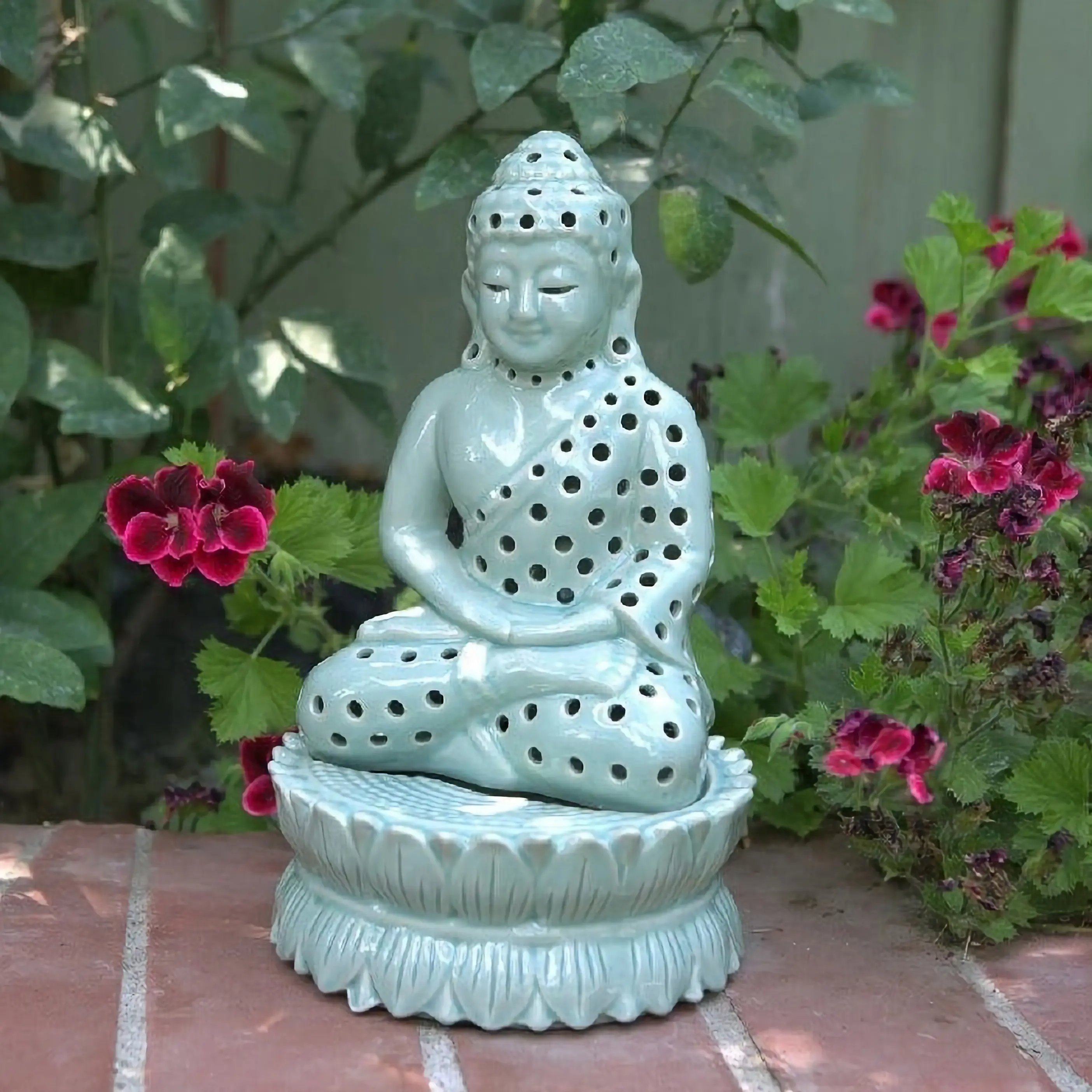 Ceramic Meditating Buddha on Lotus Candle Lantern