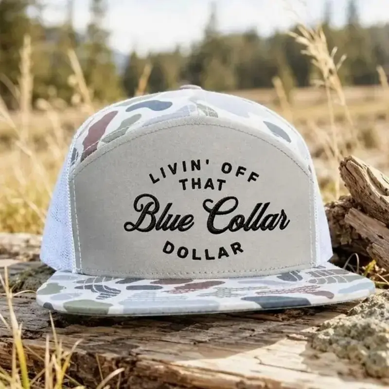 Blue Collar Trucker Hat, Livin' Off That Blue Collar Dollar Mesh Snapback, 7 Panel Flat Bill Camo Hat , Gift For Him