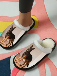 German Shepherd Image Printed Cotton Slippers, Warm Fleece Lined Anti-Slip Thick Sole, Casual Home Shoes for Men and Women Fall Winter