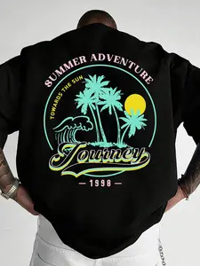 Men's Cartoon Palm Tree Tropical Graphic Print Round Neck Sleep Top, Regular Fit Casual Comfortable Drop Shoulder Short Sleeve Tee for Daily Home Wear, Men's Summer Sleepwear, Loungewear