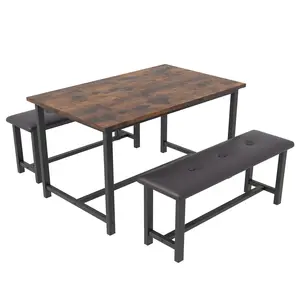 3 Piece Dining Table Set for 4, 44" Kitchen Table with 2 Benches, Wooden Rectangular Kitchen Table Set, Space Saving Breakfast Table