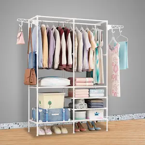 Metal Freestanding Wardrobe Closet Organizer - Sturdy Iron Floor-Standing Multi-Functionality Utility Rack with Storage Shelves, Garment Hanging, Shoe Storage and Clothing Valet Stand, Floor-Standing Utility Racks, Iron Utility Racks