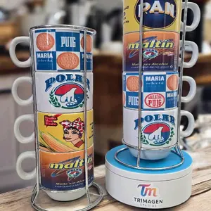 Vintage Style 4-Piece Stackable Mug Set with Chrome Stand High-Quality Ceramic for Coffee or Kitchen Decor