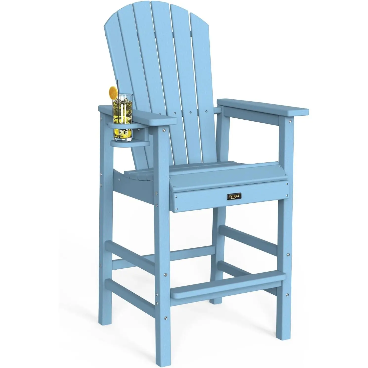 VINGLI Tall Adirondack Chair HDPE Adirondack Bar Stools with Cup Holder 1 PC, Poly Deck Chairs Outdoor Bar Stools, 350LBS (One piece)