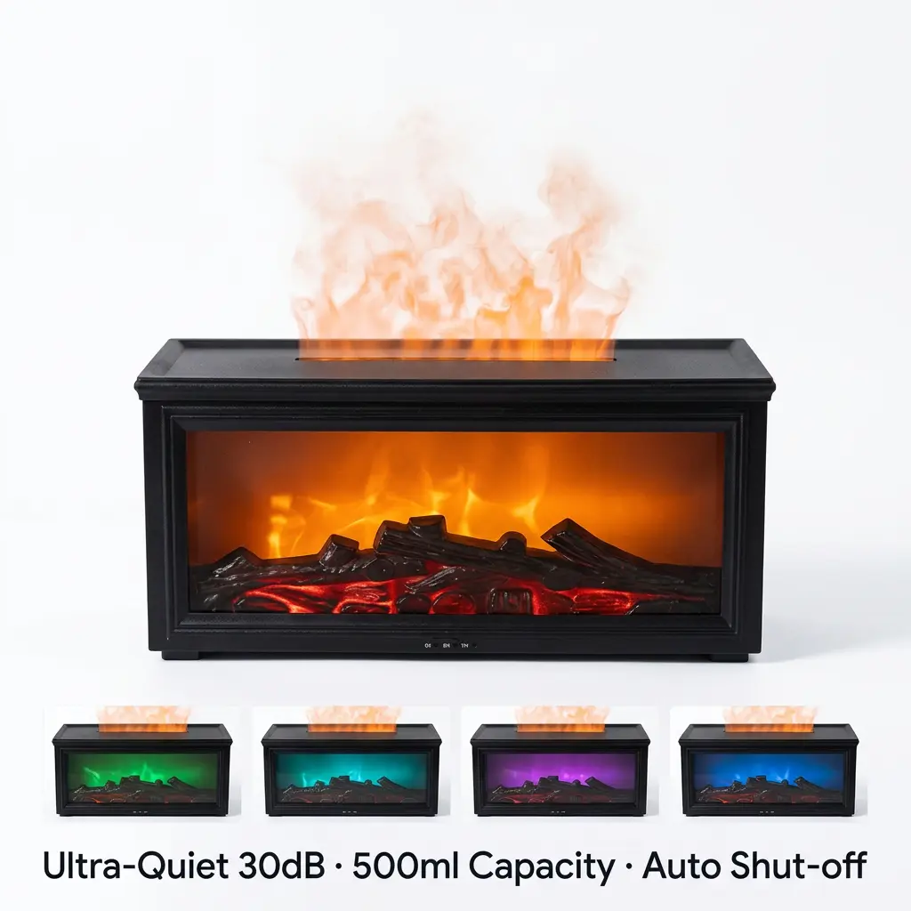 300ml Waterless Colorful Flame Fireplace Aroma Diffuser - Home Fragrance Humidifier with Timer, Remote Control, Auto-Off Protection for Home Bedroom Gift