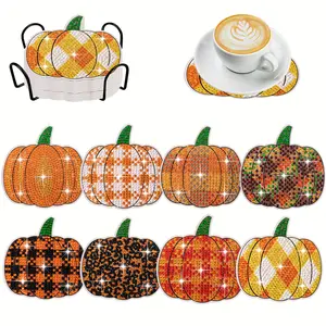 8Pcs Fall Pumpkin Diamond Painting Coasters with Holder,DIY Coasters for Coffee, Tea & Wine Glasses,Non Slip Table Protection Coasters,Table Top Protector for Dining Room, Rustic Diamond Cup Mat