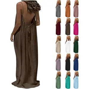 Women's 2026 New Minimalist Spaghetti Strap Backless Loose-Fitting Cami Loungewear Dress - All Seasons Elegant Breathable Solid Color Back Tie Night Gown, Coffee-Hued Homewear & Beach Cover-Up