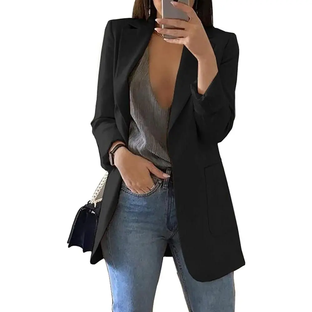 Women's Casual Open-Front Blazer - Lightweight Long Sleeve Jacket for Business Office, a Comfortable Wardrobe Staple, Soft, Fashion Apparel, Office Ootd, Full Sleeves, Wardrobe Staples, Jeans‑Ready Style