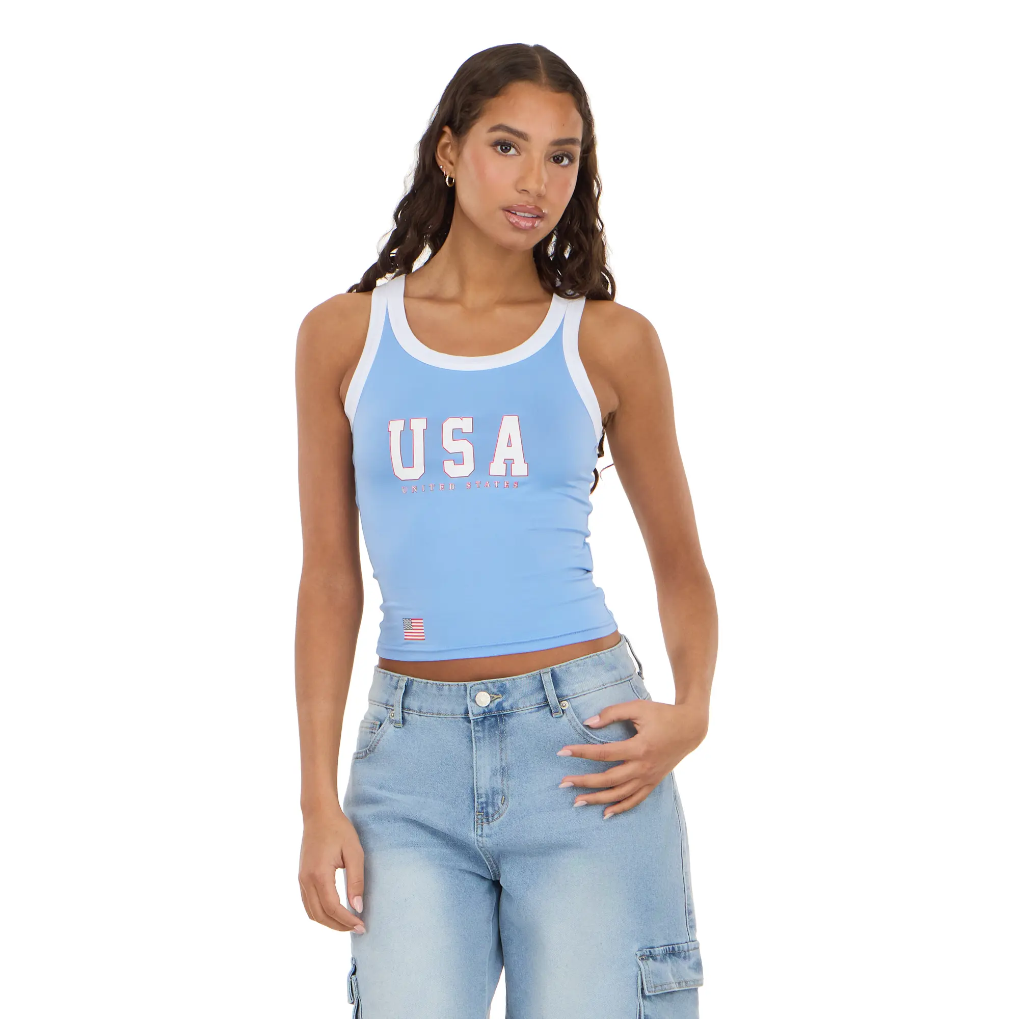 Forever 21 Women's Graphic Crop Tank, Retro-Inspired Sporty Style with Contrast Binding for Everyday Casual Wear, Fitted, Activewear, Athletic, Sportswear, Sleeveless, Print, Sporty Chic, Scoop Neck Top, Bold Print, Front Graphic, Lightweight, Fitted Cut