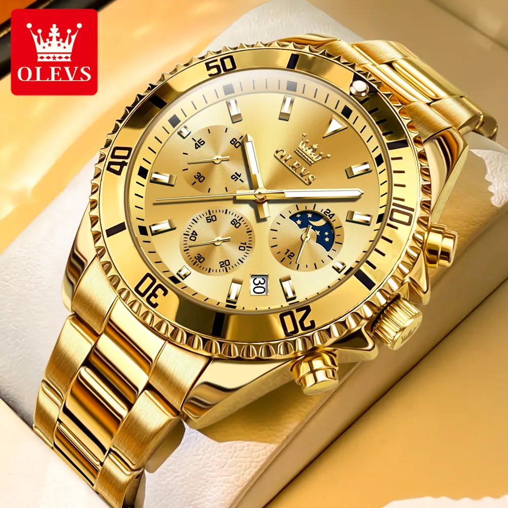 OLEVS Men's Chronograph Wristwatch - Luxury Dress Quartz Watch with Moon Phase, Stainless Steel Band, Waterproof Design, Luminous Dial, Business Calendar, Exquisite Timepiece, Luminous Dial Watch