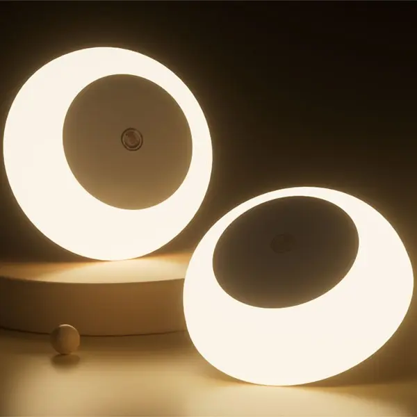2-Pack Compact Round Shape Dusk-to-Dawn Sensor Wall Plug-in Night Lights, 0.5W Glare-Free Warm White LED Ambient Lighting for Bedroom, Bathroom, Bedroom Decor