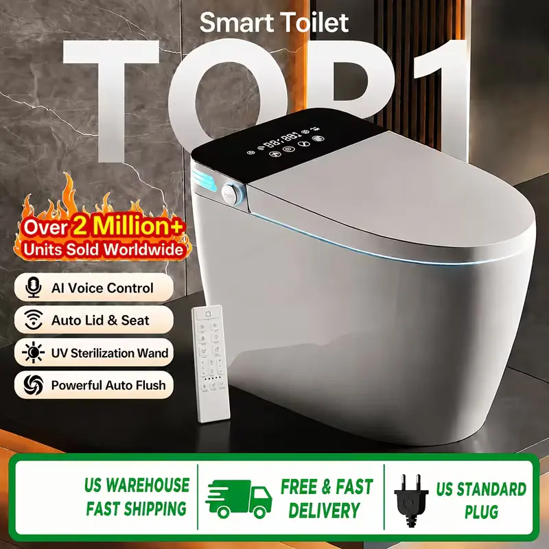 High-end, fully featured smart toilet equipped with bidet and feminine wash functions, radar-sensing lid opening, automatic flush upon standing, LED digital display and ambient lighting, built-in water tank, and powerful yet quiet flushing.