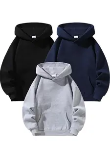 Men’s Minimalist Long-Sleeve Heavyweight Fleece Hoodie Sweatshirt Top, Regular-Loose Fit, Soft Breathable Polyester Pullover with Pockets, Durable Stylish Machine-Washable for Sports & Everyday Wear, Gray/Black/Blue