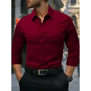 Men's Solid Color Single-Breasted Casual & Office Wear Long Sleeve Shirt Formal Shirts For Men Business Casual Men Shirts Men Clothing Shirts, Dark Red Shirt, Red Dress Shirt For Men, Men's Burgundy Dress Shirt