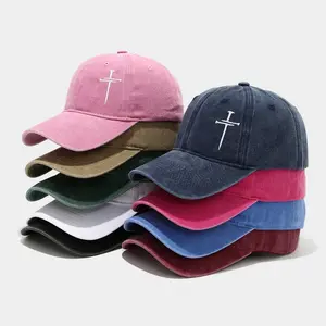 Cross nail hat for men and women, fun adjustable soft top, washed retro cotton embroidered cross baseball cap