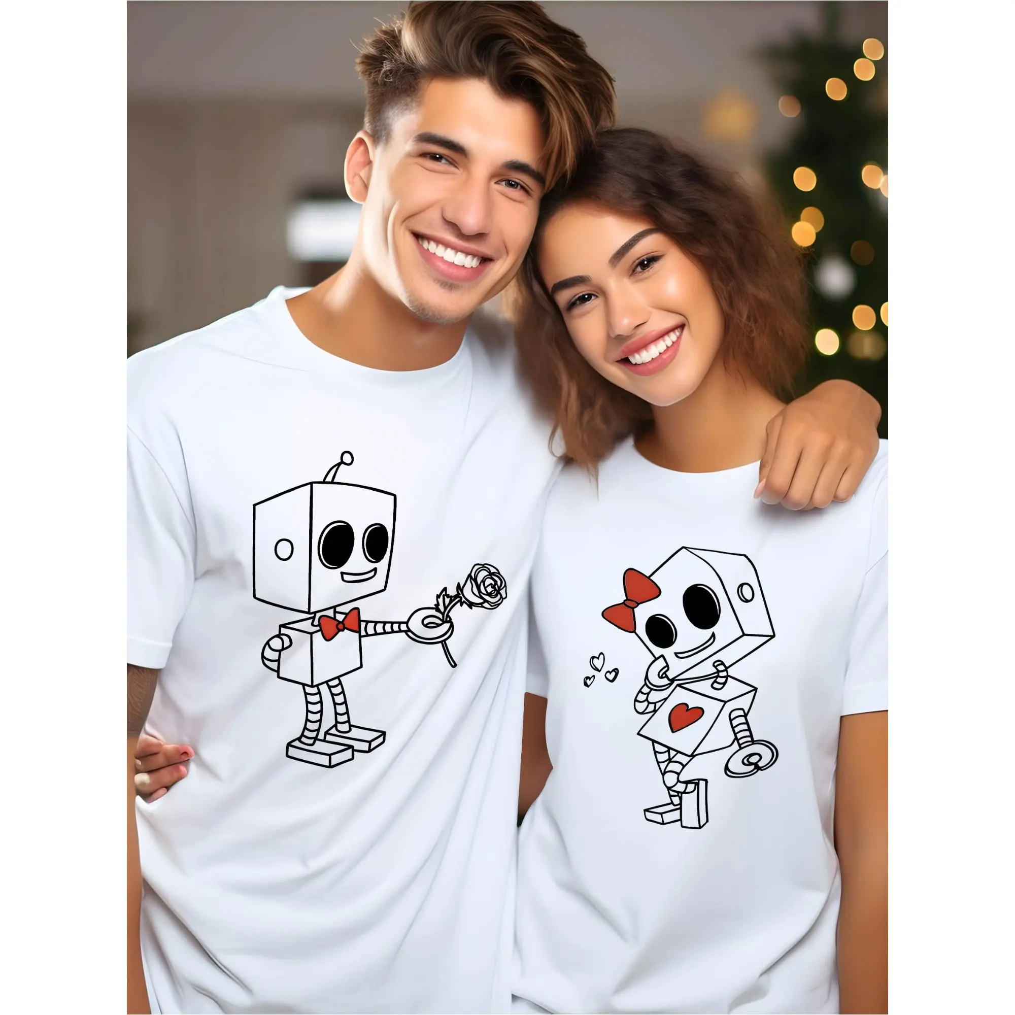 Robot Graphic T-Shirt for Couples, Casual Loose-Fit Shortsleeve Top in 100% Soft Cotton Fabric, Fashion Style for Beach & Anniversary Gifts